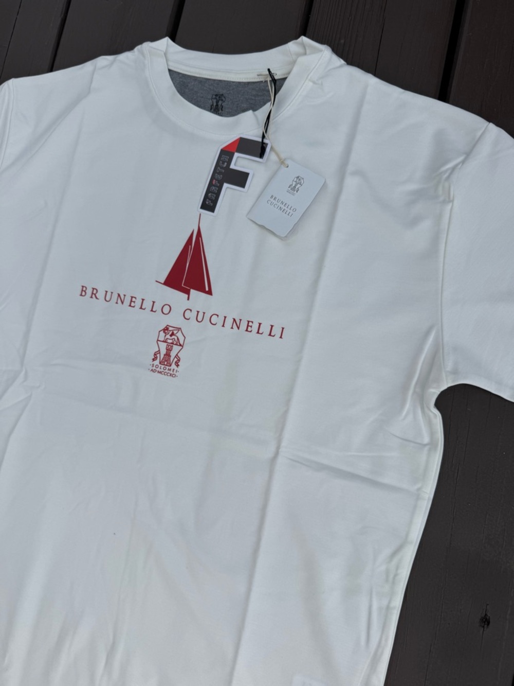 Brunello Cucinelli White Tee with Red Logo and Graphic